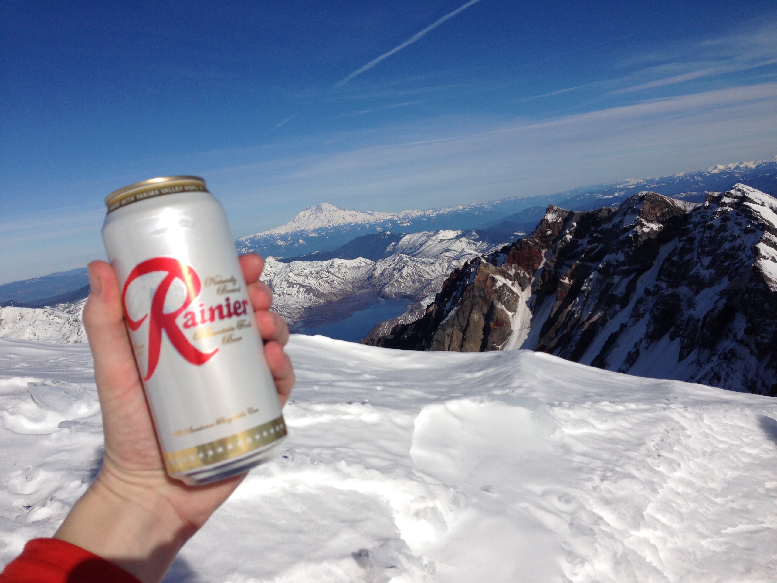 Rainier_Beer_and_Mount_Rainier_from_Mount_St._Helens STICKER